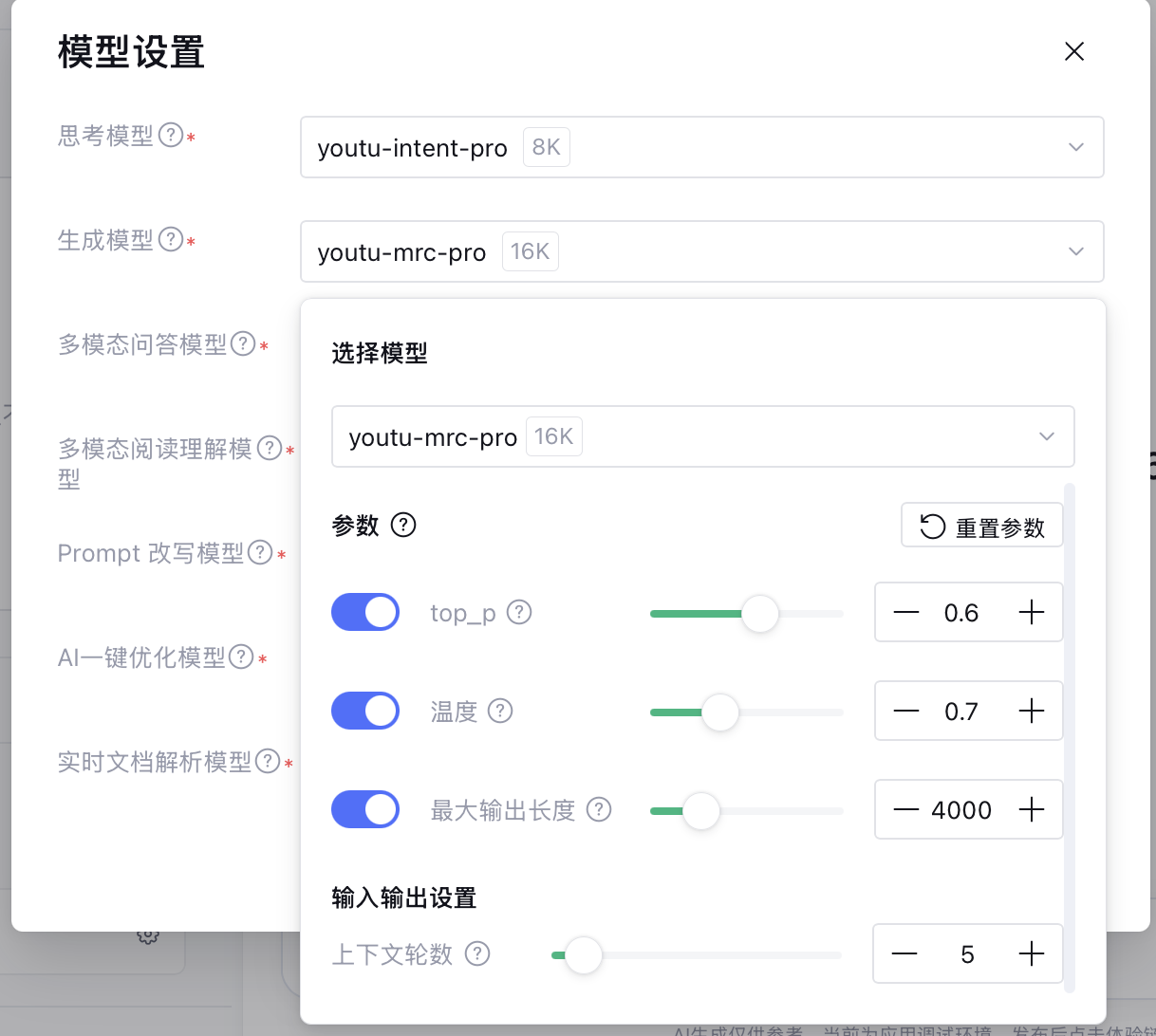 模型设置参数详情